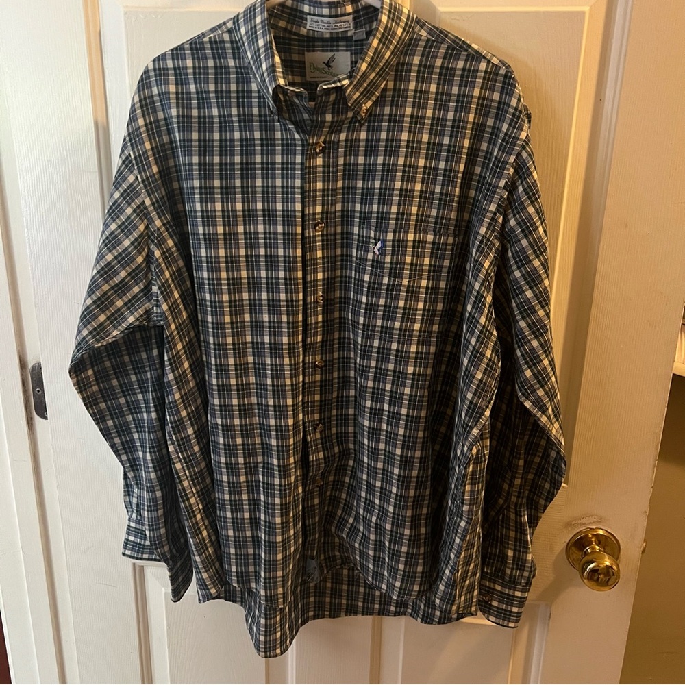 Flying Scotsman Mens button down XL Blue green plaid Made in USA single needle
